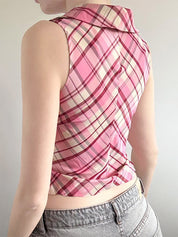 Pink Checkered V-Neck Sleeveless Fitted Vest With Lapel Collar
