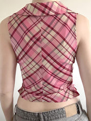 Pink Checkered V-Neck Sleeveless Fitted Vest With Lapel Collar