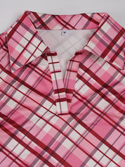 Pink Checkered V-Neck Sleeveless Fitted Vest With Lapel Collar