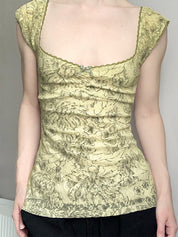 Mesh Lace Print U-Neck Cute Short-Sleeved T-Shirt