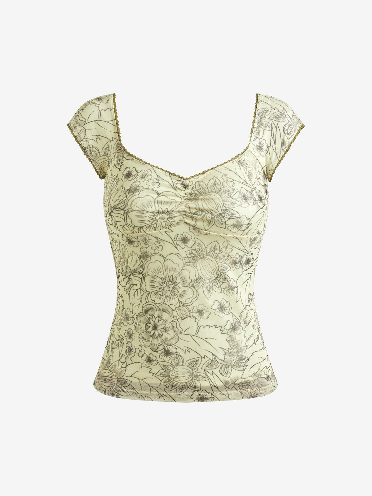 Mesh Lace Print U-Neck Cute Short-Sleeved T-Shirt
