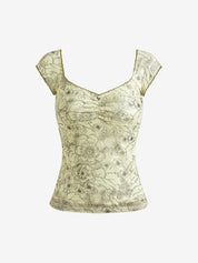 Mesh Lace Print U-Neck Cute Short-Sleeved T-Shirt