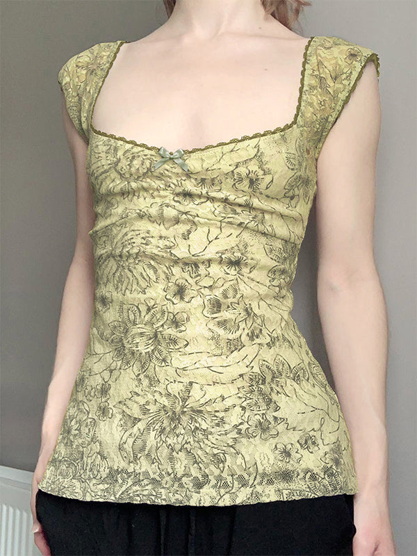 Mesh Lace Print U-Neck Cute Short-Sleeved T-Shirt