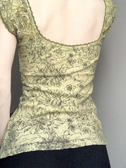 Mesh Lace Print U-Neck Cute Short-Sleeved T-Shirt