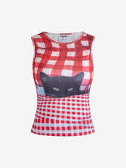 Vintage French Y2K Millennial Hot Girl Red Plaid Black Cat Print Slim-Fit Tank Top