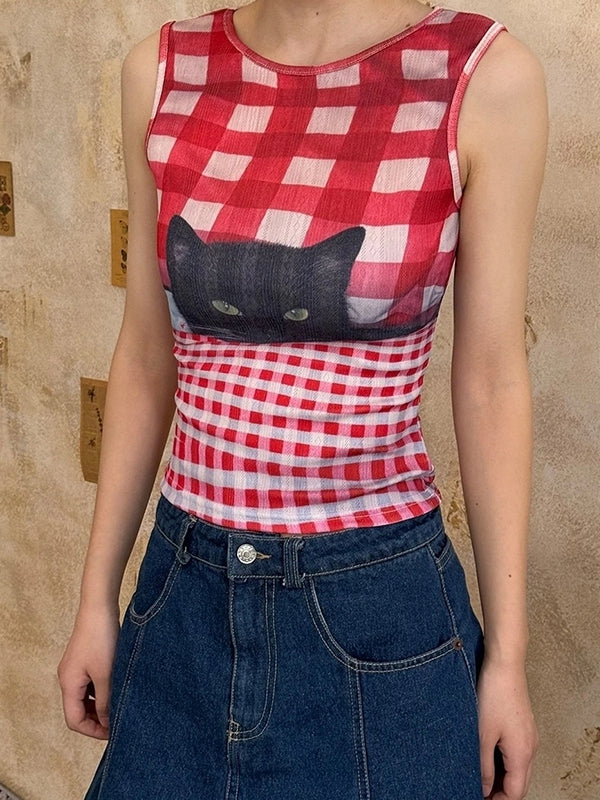 Vintage French Y2K Millennial Hot Girl Red Plaid Black Cat Print Slim-Fit Tank Top