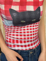 Vintage French Y2K Millennial Hot Girl Red Plaid Black Cat Print Slim-Fit Tank Top