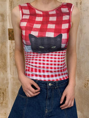 Vintage French Y2K Millennial Hot Girl Red Plaid Black Cat Print Slim-Fit Tank Top