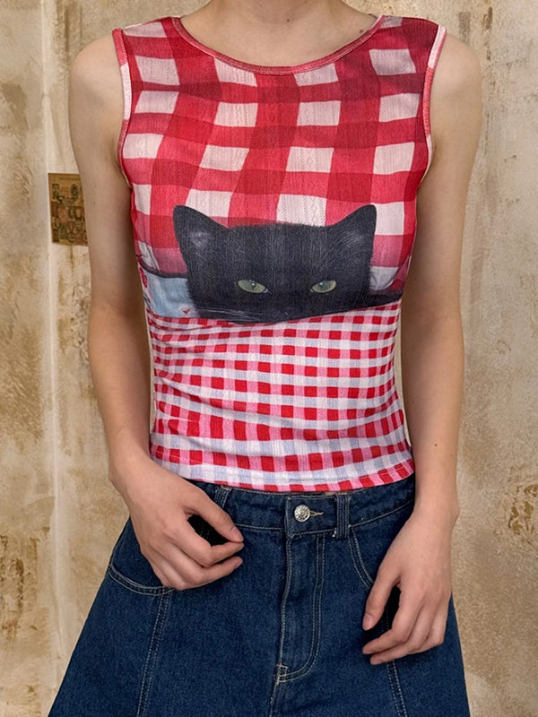 Vintage French Y2K Millennial Hot Girl Red Plaid Black Cat Print Slim-Fit Tank Top