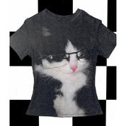 Glasses Black Cat American Retro Street Fashion Brand Hot Girl Short Sleeve T-Shirt