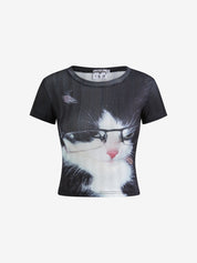 Glasses Black Cat American Retro Street Fashion Brand Hot Girl Short Sleeve T-Shirt
