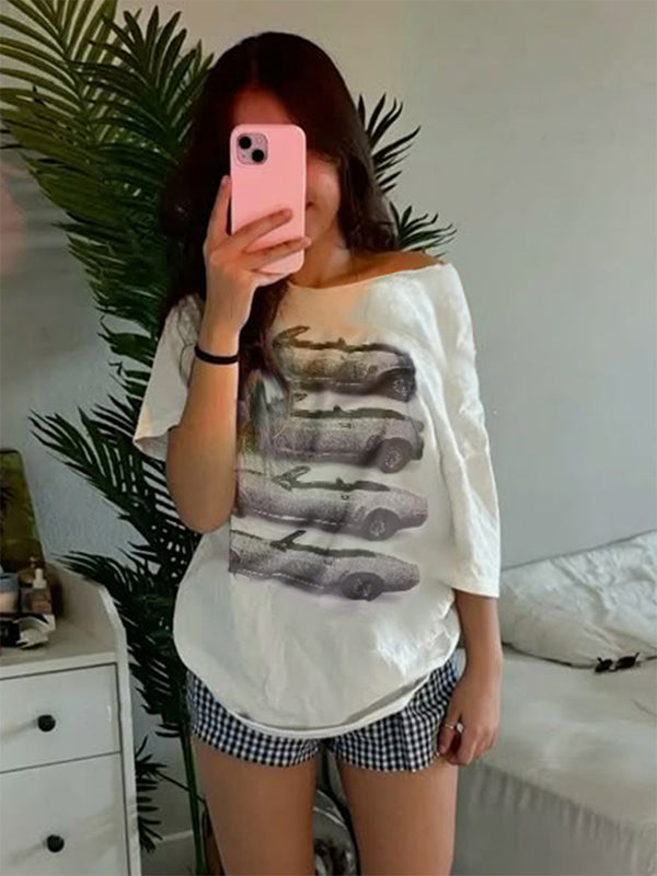 American Street Motorcycle Print Casual Loose Summer Short-Sleeved T-Shirt