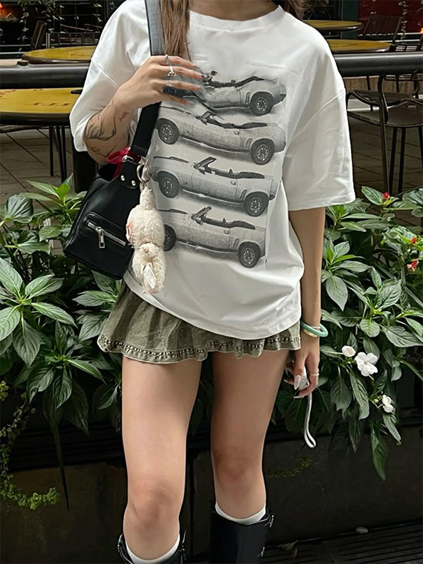 American Street Motorcycle Print Casual Loose Summer Short-Sleeved T-Shirt