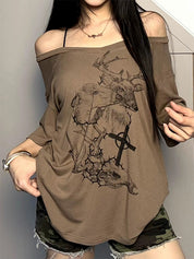Retro Deer Print V-Neck Lightweight Comfortable Loose-Fitting Short-Sleeved T-Shirt