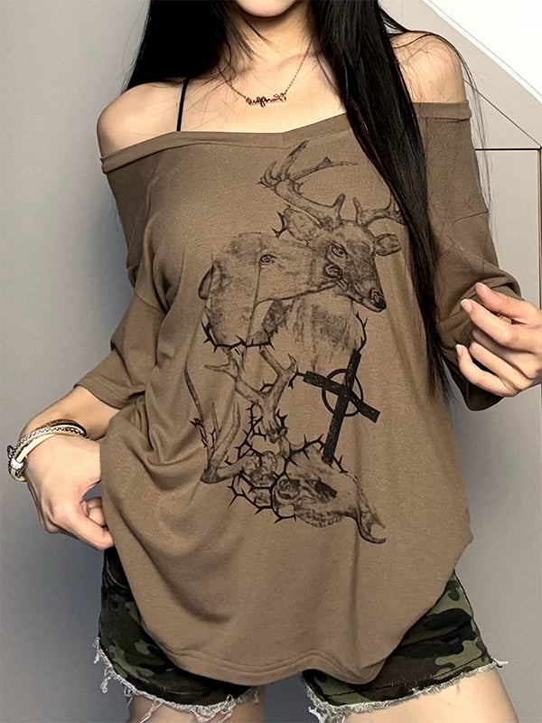 Retro Deer Print V-Neck Lightweight Comfortable Loose-Fitting Short-Sleeved T-Shirt