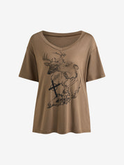 Retro Deer Print V-Neck Lightweight Comfortable Loose-Fitting Short-Sleeved T-Shirt