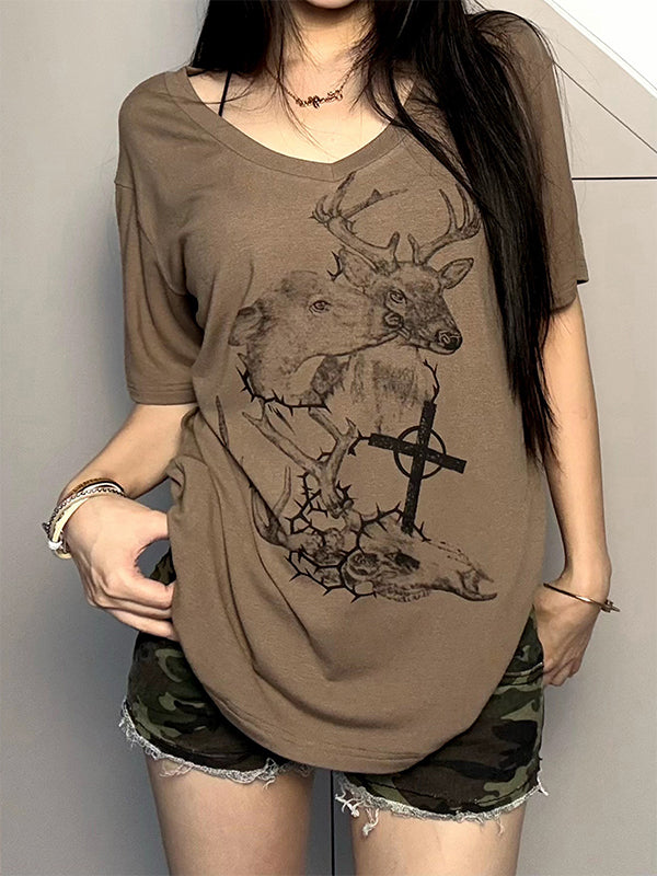 Retro Deer Print V-Neck Lightweight Comfortable Loose-Fitting Short-Sleeved T-Shirt