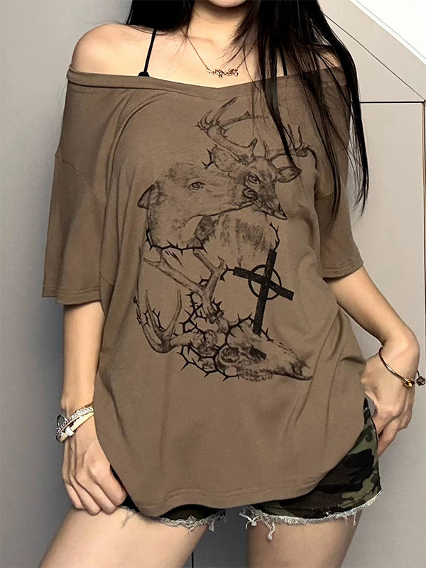 Retro Deer Print V-Neck Lightweight Comfortable Loose-Fitting Short-Sleeved T-Shirt