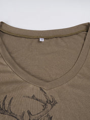 Retro Deer Print V-Neck Lightweight Comfortable Loose-Fitting Short-Sleeved T-Shirt
