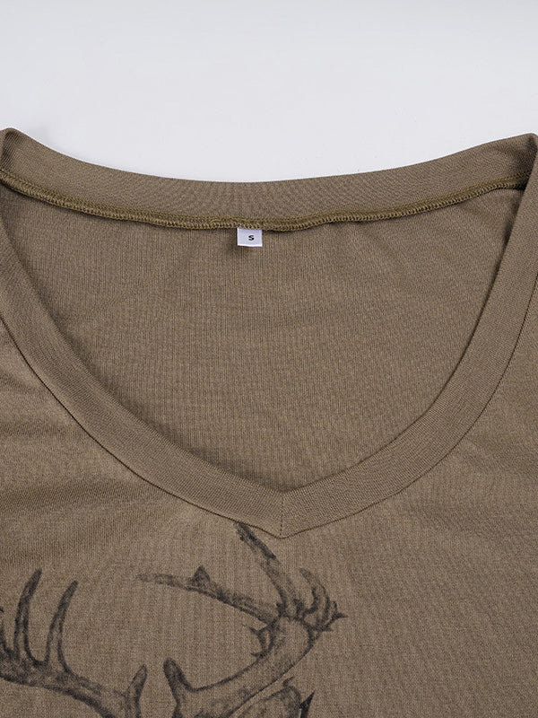 Retro Deer Print V-Neck Lightweight Comfortable Loose-Fitting Short-Sleeved T-Shirt