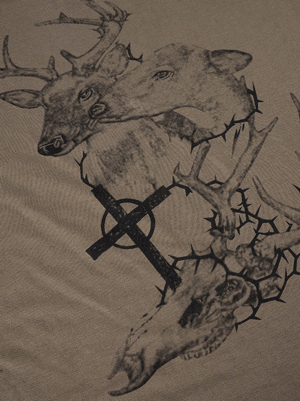 Retro Deer Print V-Neck Lightweight Comfortable Loose-Fitting Short-Sleeved T-Shirt
