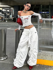 American Sports Style Long Loose Pleated Design Wide Leg Pants