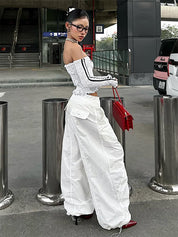 American Sports Style Long Loose Pleated Design Wide Leg Pants