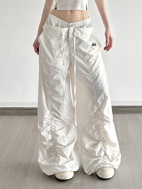 American Sports Style Long Loose Pleated Design Wide Leg Pants