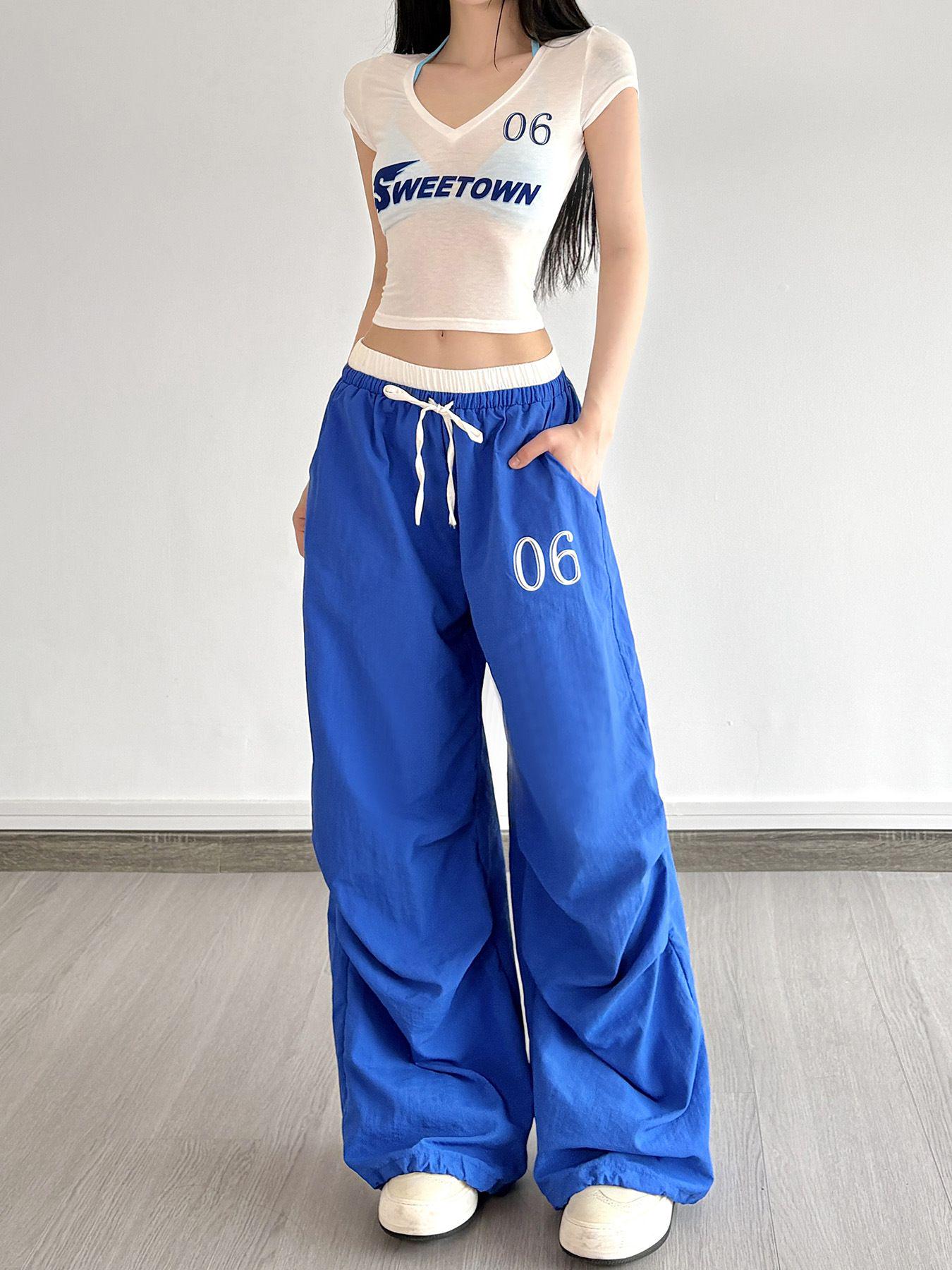 American Sports Style Long Loose Pleated Contrasting Color Wide Leg Pants