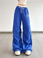 American Sports Style Long Loose Pleated Contrasting Color Wide Leg Pants