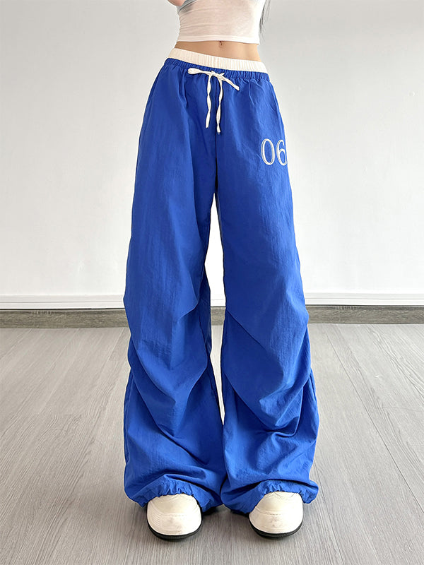American Sports Style Long Loose Pleated Contrasting Color Wide Leg Pants