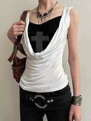 Niche Dark Style, Diamond Cross, Spicy Girl, Two-Tone Faux Two-Piece Vest
