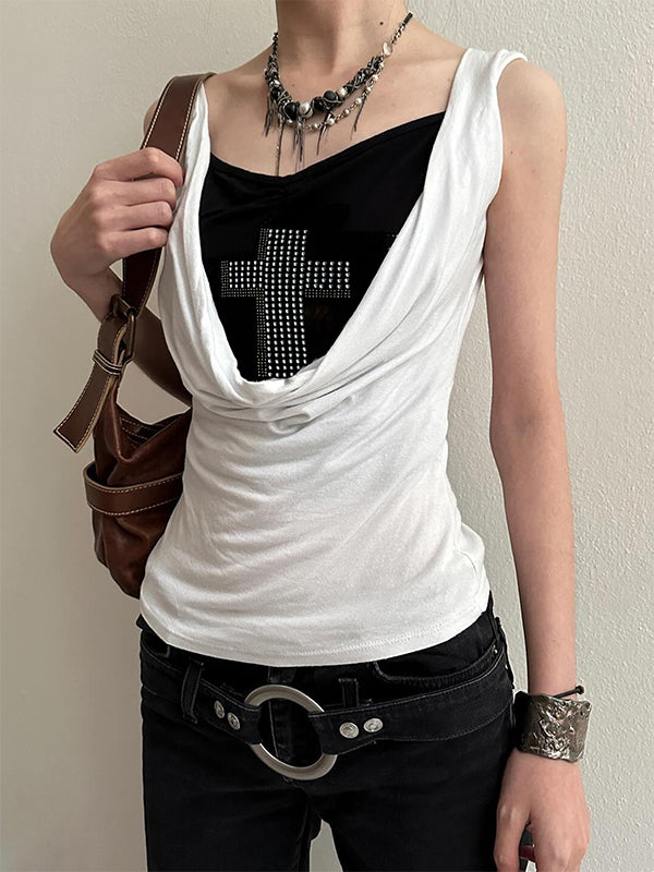 Niche Dark Style, Diamond Cross, Spicy Girl, Two-Tone Faux Two-Piece Vest