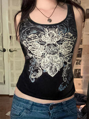 Dark Retro Abstract Print Hot Girl Square Neck Street Short Tank Top