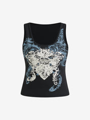 Dark Retro Abstract Print Hot Girl Square Neck Street Short Tank Top