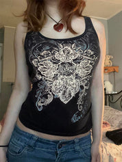 Dark Retro Abstract Print Hot Girl Square Neck Street Short Tank Top