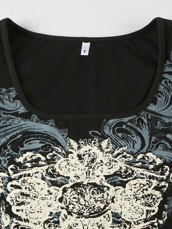 Dark Retro Abstract Print Hot Girl Square Neck Street Short Tank Top