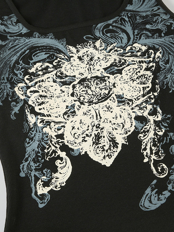 Dark Retro Abstract Print Hot Girl Square Neck Street Short Tank Top
