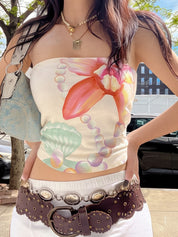 American-Style Resort-Inspired Island-Themed Seashell Print Sexy Off-The-Shoulder Top