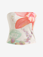 American-Style Resort-Inspired Island-Themed Seashell Print Sexy Off-The-Shoulder Top