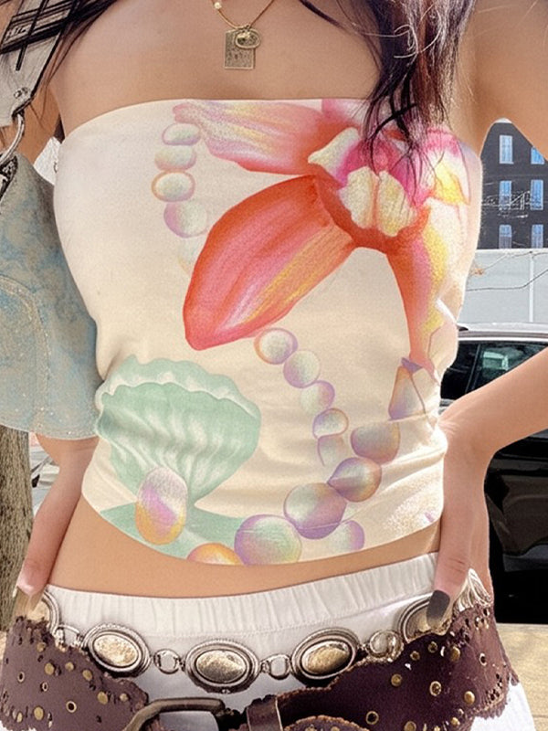 American-Style Resort-Inspired Island-Themed Seashell Print Sexy Off-The-Shoulder Top