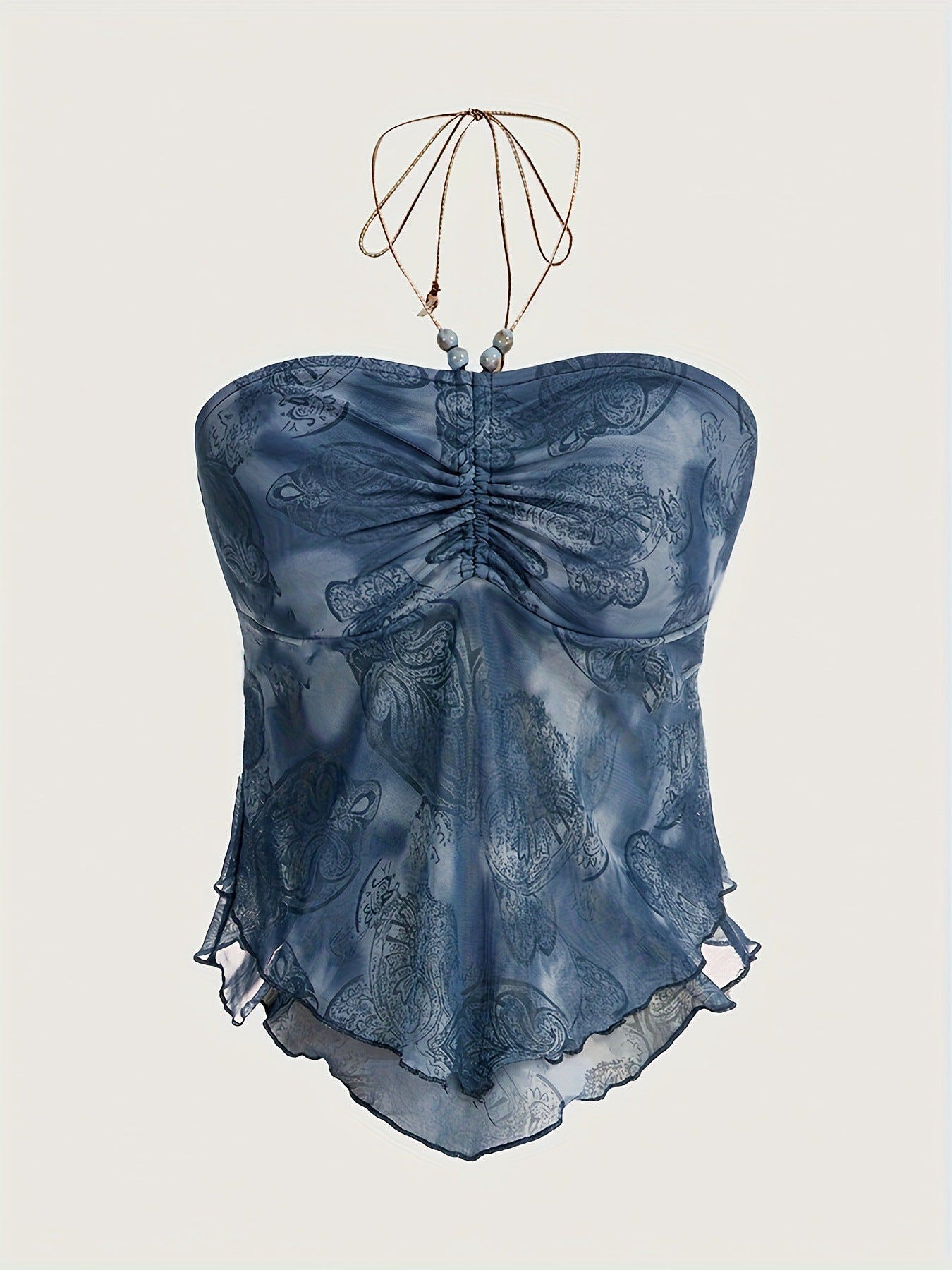 European And American Mermaid Tie-Dye Wrinkled Irregular Hem Tie-Up Beaded Halter Top