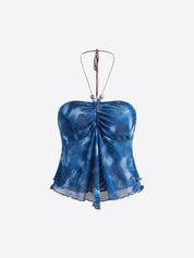 European And American Mermaid Tie-Dye Wrinkled Irregular Hem Tie-Up Beaded Halter Top