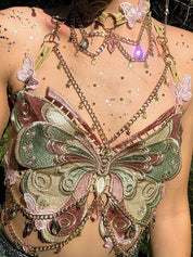 Ins Beautiful Trend Embroidered Butterfly Patchwork Metal Crystal Pendant Strapless Vest