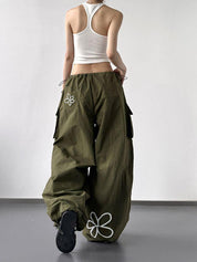 American-style workwear wide-leg pants with drawstring design, high waist, floral print long pants