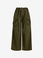 American-style workwear wide-leg pants with drawstring design, high waist, floral print long pants