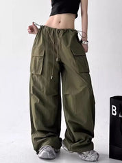 American-style workwear wide-leg pants with drawstring design, high waist, floral print long pants