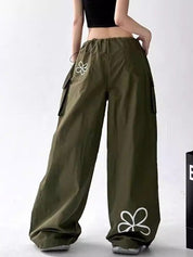 American-style workwear wide-leg pants with drawstring design, high waist, floral print long pants
