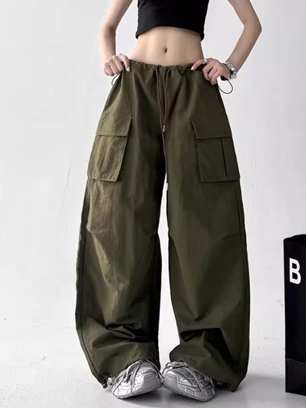 American-style workwear wide-leg pants with drawstring design, high waist, floral print long pants
