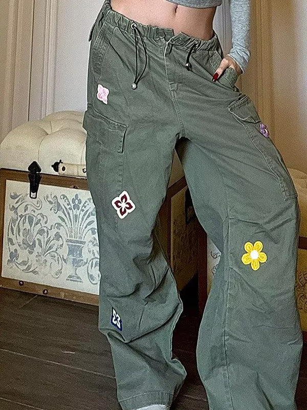 American Retro Orchid Embroidered Wide-Leg Work Pants